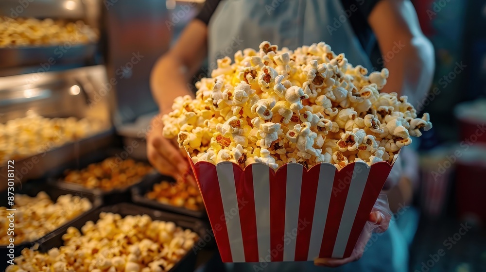 A person in an apron is holding a large popcorn bucket filled to the brim, set in a brightly lit popcorn counter environment, suggesting a commercial establishment. A person in an apron is holding a large popcorn bucket filled to the brim, set in a brightly lit popcorn counter environment, suggesting a commercial establishment.