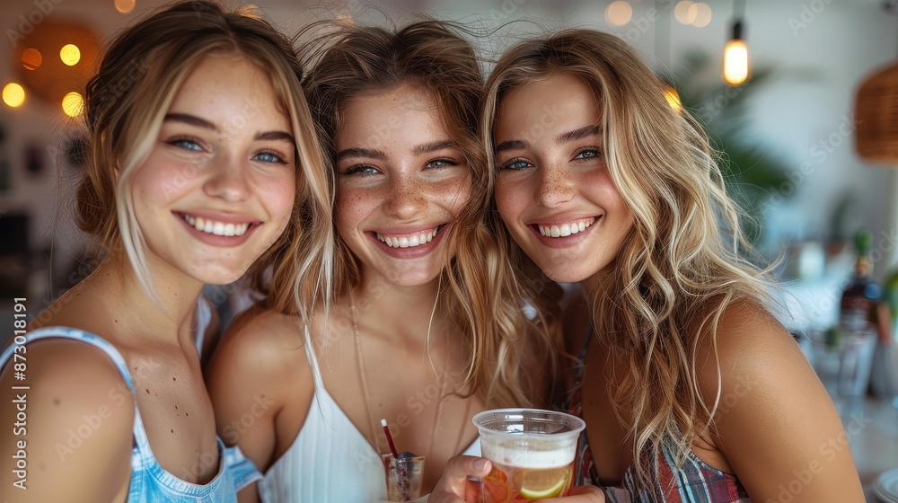 Three young women with blonde hair and freckles smiling joyfully at the camera, each holding a drink, having fun and enjoying their time together in a vibrant setting. Three young women with blonde hair and freckles smiling joyfully at the camera, each holding a drink, having fun and enjoying their time together in a vibrant setting.