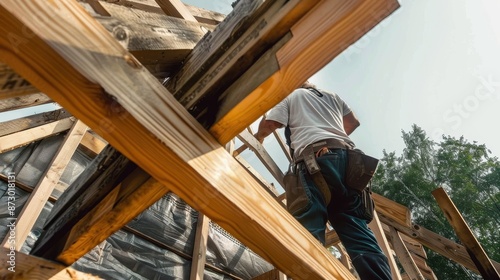 A construction worker is on a wooden beam structure under the open sky. This image portrays the hard work, effort, and craftsmanship involved in construction projects.