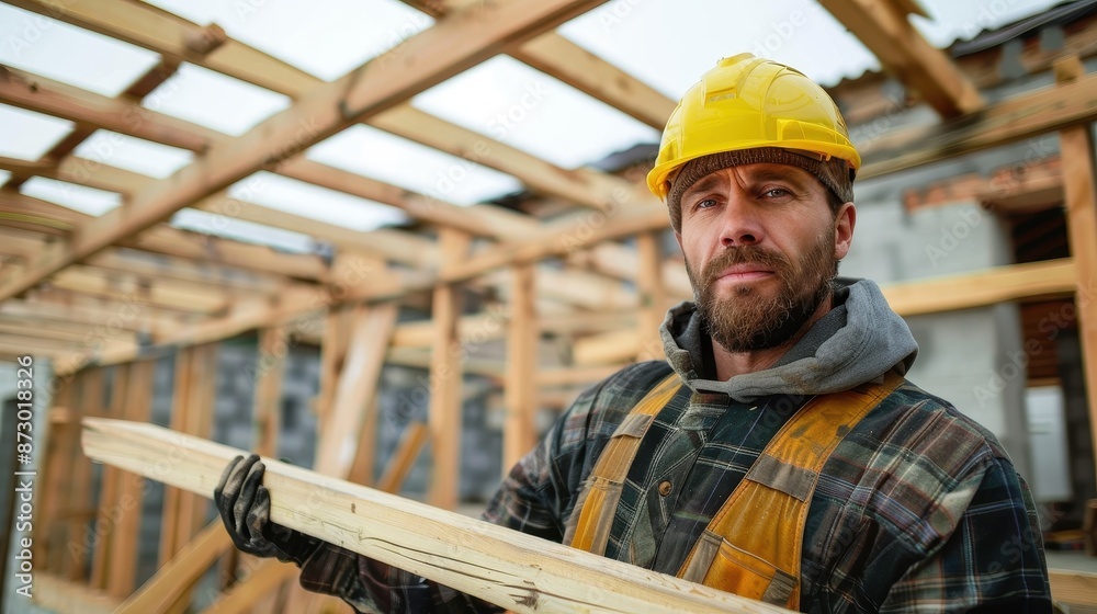 A builder in a yellow hard hat and plaid shirt holds wooden beams at a partially constructed site, displaying confidence and readiness to work on the building project. A builder in a yellow hard hat and plaid shirt holds wooden beams at a partially constructed site, displaying confidence and readiness to work on the building project.