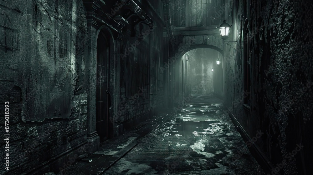 Gloomy and mysterious dark alleyway with old stone walls, wet ground, and dim streetlights. Atmospheric, eerie, and perfect for thriller settings. Gloomy and mysterious dark alleyway with old stone walls, wet ground, and dim streetlights. Atmospheric, eerie, and perfect for thriller settings.