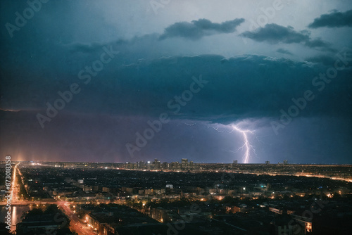 The beautiful thunderstorm on the background of the city. evening night time