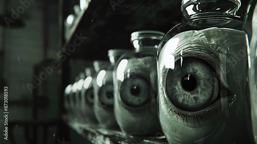 Creepy row of jars containing human eyes on a shelf in a dark, eerie laboratory setting, evoking a chilling and mysterious atmosphere.