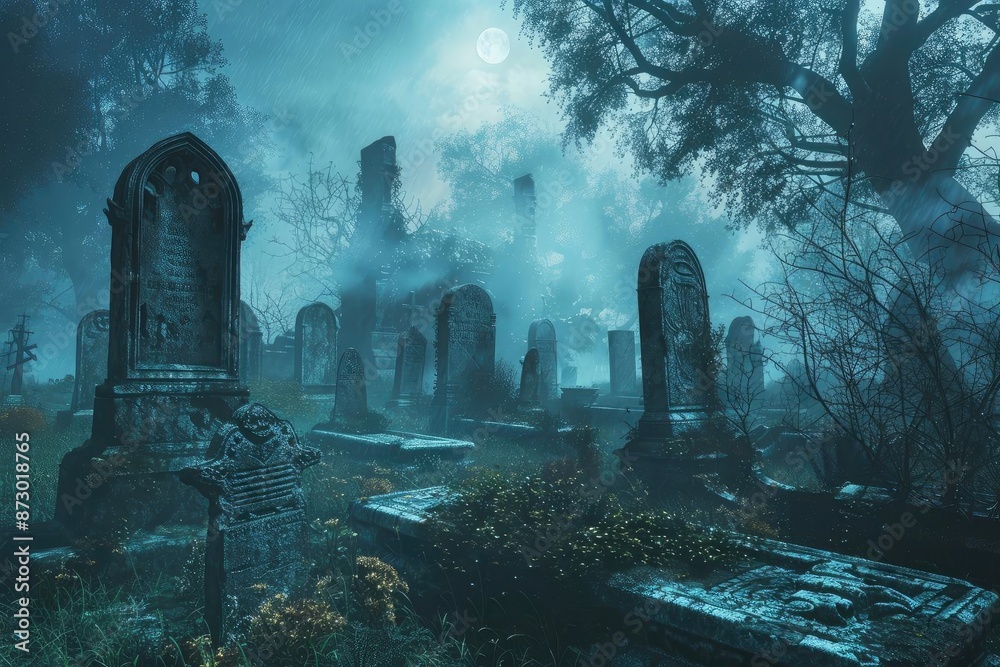 Mysterious foggy graveyard at night, with tombstones and eerie moonlight casting shadows through the misty atmosphere. Mysterious foggy graveyard at night, with tombstones and eerie moonlight casting shadows through the misty atmosphere.