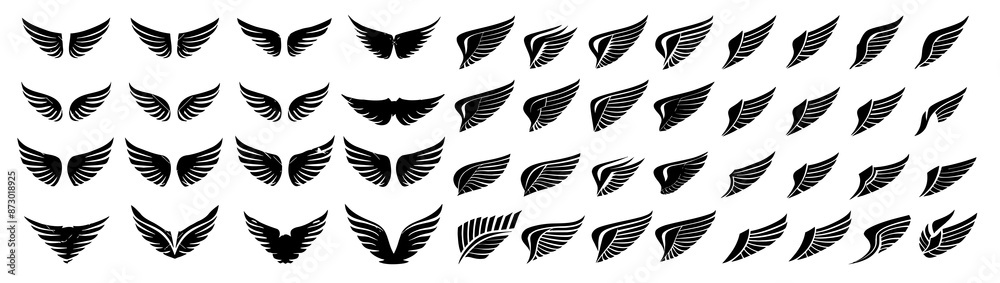Set of black wing icons and badges. Collection includes various designs of winged badges and emblems. Perfect for logos, insignias, and decorative elements. Vector illustration. Set of black wing icons and badges. Collection includes various designs of winged badges and emblems. Perfect for logos, insignias, and decorative elements. Vector illustration.