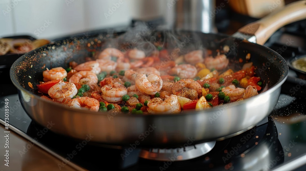 A tantalizing stir-fry of shrimp and vegetables, including peas and bell peppers, is cooked in a large non-stick skillet with steam rising, revealing a fresh dish. A tantalizing stir-fry of shrimp and vegetables, including peas and bell peppers, is cooked in a large non-stick skillet with steam rising, revealing a fresh dish.