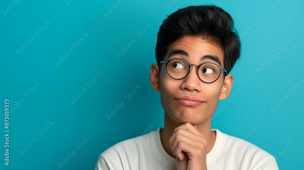 A man with glasses is looking up at the sky. He is wearing a white shirt and he is deep in thought A man with glasses is looking up at the sky. He is wearing a white shirt and he is deep in thought