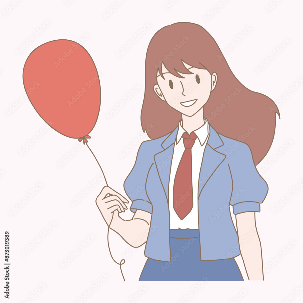 Happy girl in uniform holding balloon. Hand drawn flat cartoon character vector illustration. Happy girl in uniform holding balloon. Hand drawn flat cartoon character vector illustration.