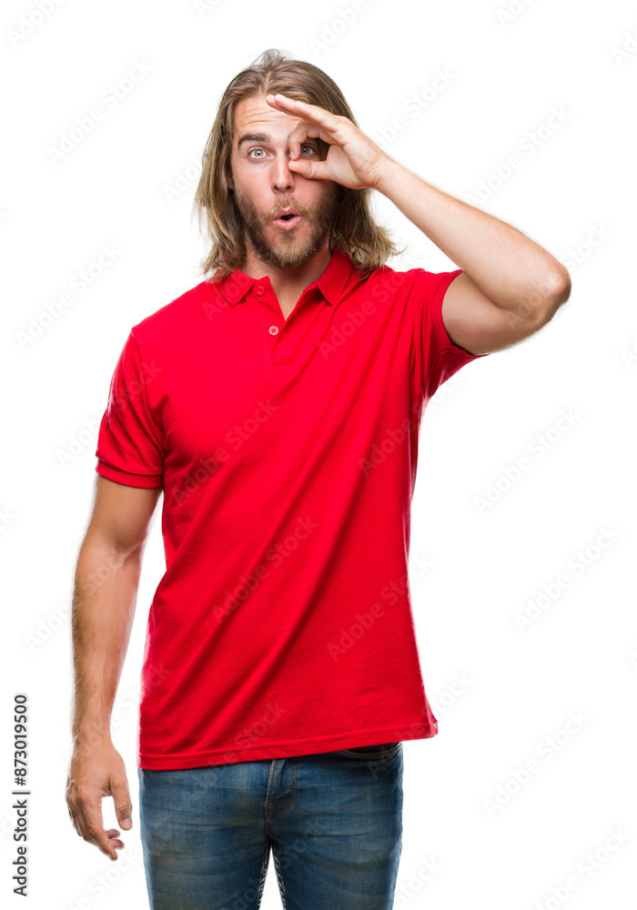 Young handsome man with long hair over isolated background doing ok gesture shocked with surprised face, eye looking through fingers. Unbelieving expression. Young handsome man with long hair over isolated background doing ok gesture shocked with surprised face, eye looking through fingers. Unbelieving expression.