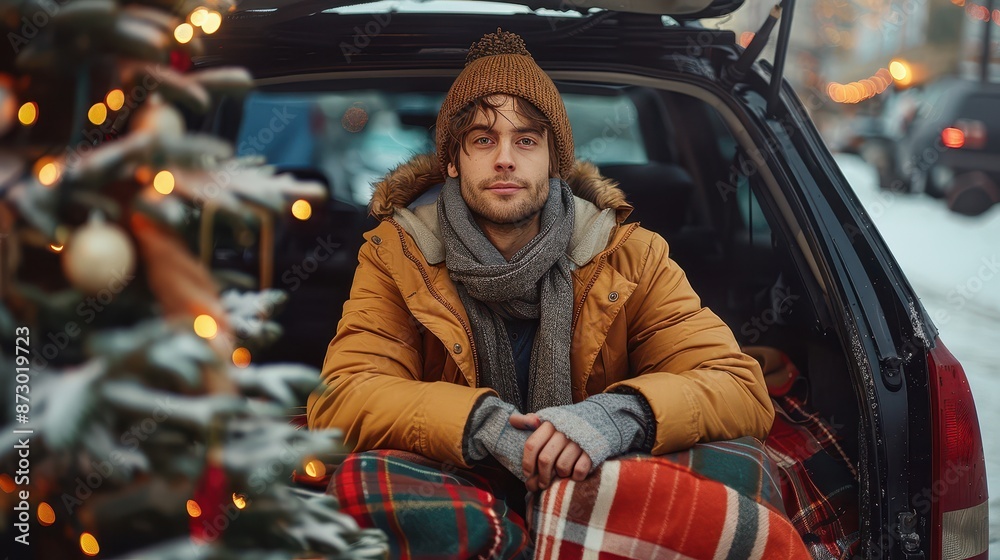 A man, warmly dressed, sits comfortably in the open trunk of a car surrounded by blankets, appreciating the festive Christmas tree adorned with ornaments in a snowy street. A man, warmly dressed, sits comfortably in the open trunk of a car surrounded by blankets, appreciating the festive Christmas tree adorned with ornaments in a snowy street.