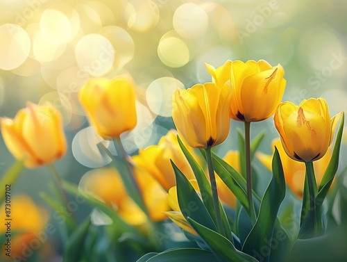 Artistic composition of blooming yellow tulips arranged elegantly in a garden setting, with soft bokeh effects and warm lighting, making it an ideal image for greeting cards welcoming the spring #873019702