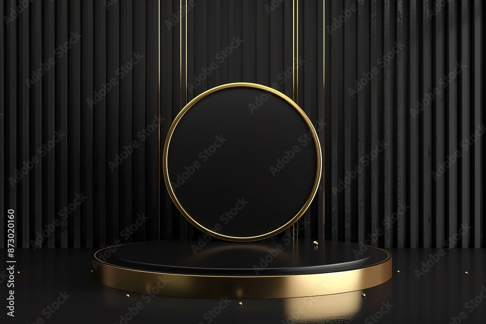 Abstract black gold podium empty room 3d shape with spot light design for product display presentation studio concept minimal wall scene illustration. Abstract black gold podium empty room 3d shape with spot light design for product display presentation studio concept minimal wall scene illustration.