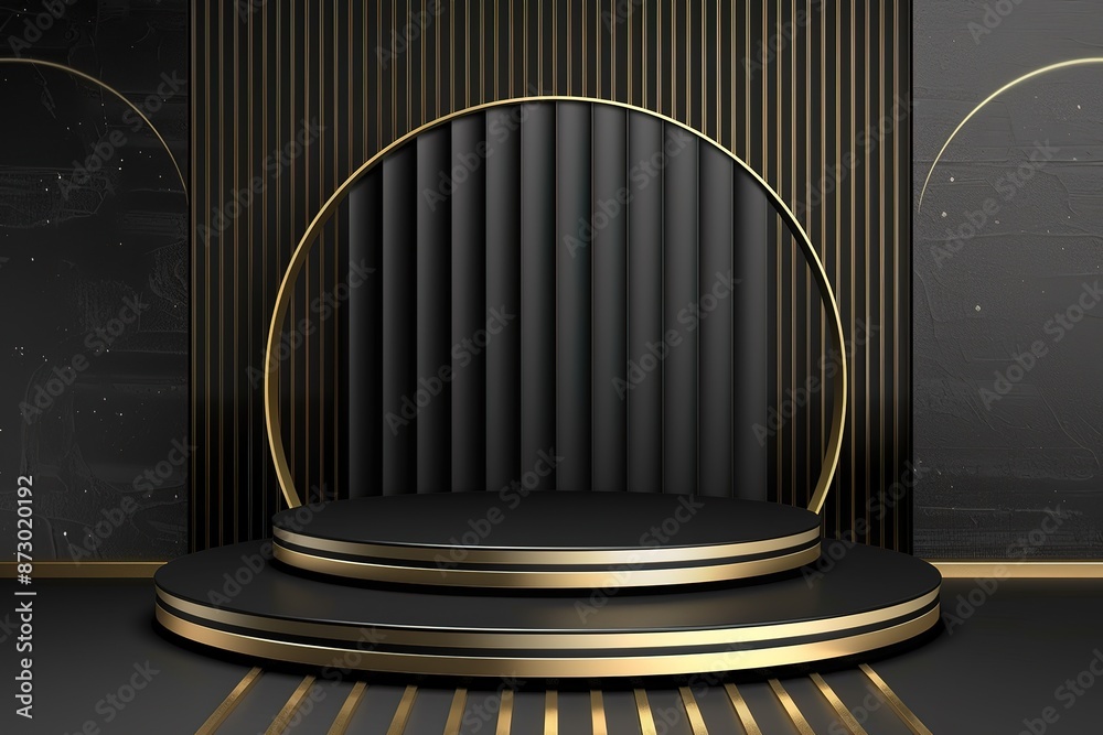 Abstract black gold podium empty room 3d shape with spot light design for product display presentation studio concept minimal wall scene illustration. Abstract black gold podium empty room 3d shape with spot light design for product display presentation studio concept minimal wall scene illustration.
