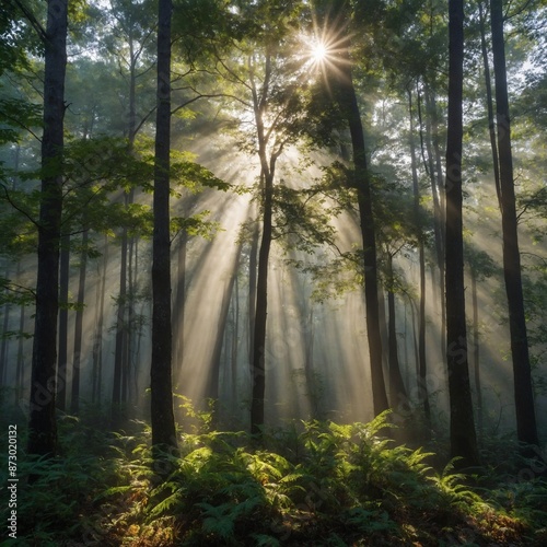 "A misty morning in a dense forest with rays of sunlight breaking through"