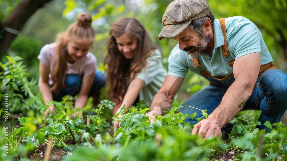 A family, with father, mother, and daughters, joyfully work together in their garden. Their united effort reflects love, cooperation, and the enjoyment of shared activities.