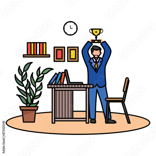 Businessman posing the Success concept, executive holding Trophy vector color design, corporate wellbeing symbol, Sedentary lifestyle sign, self serving behaviors stock illustration