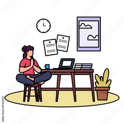 Female Making a Yoga Pose in front of Laptop concept, Physical Fitness During Work Break vector color design, corporate wellbeing symbol, Sedentary lifestyle sign, self serving behaviors illustration