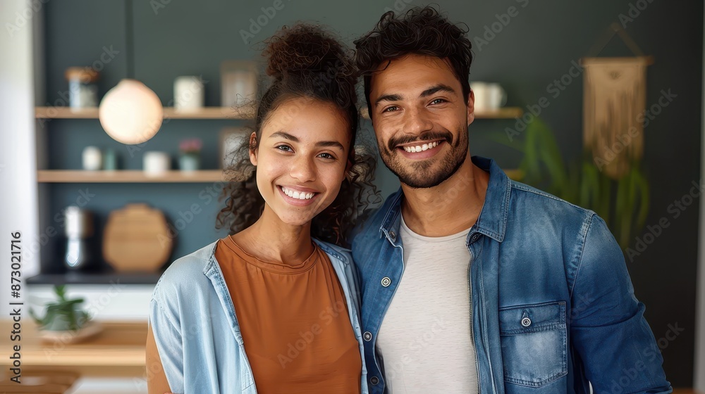 Fototapeta premium A smiling couple in matching denim outfits standing in a cozy, well-decorated home, radiating happiness and harmony, embodying a sense of love and togetherness in modern living.