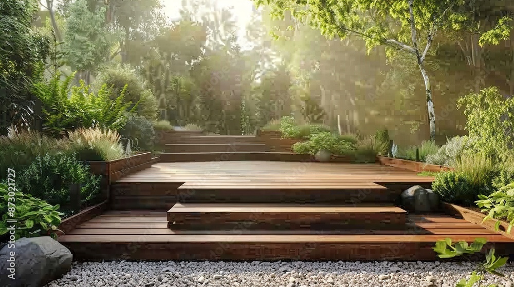 Modern wooden terrace with steps for a country house. Cozy garden with a house, recreation area, garden landscaping. Modern wooden terrace with steps for a country house. Cozy garden with a house, recreation area, garden landscaping.