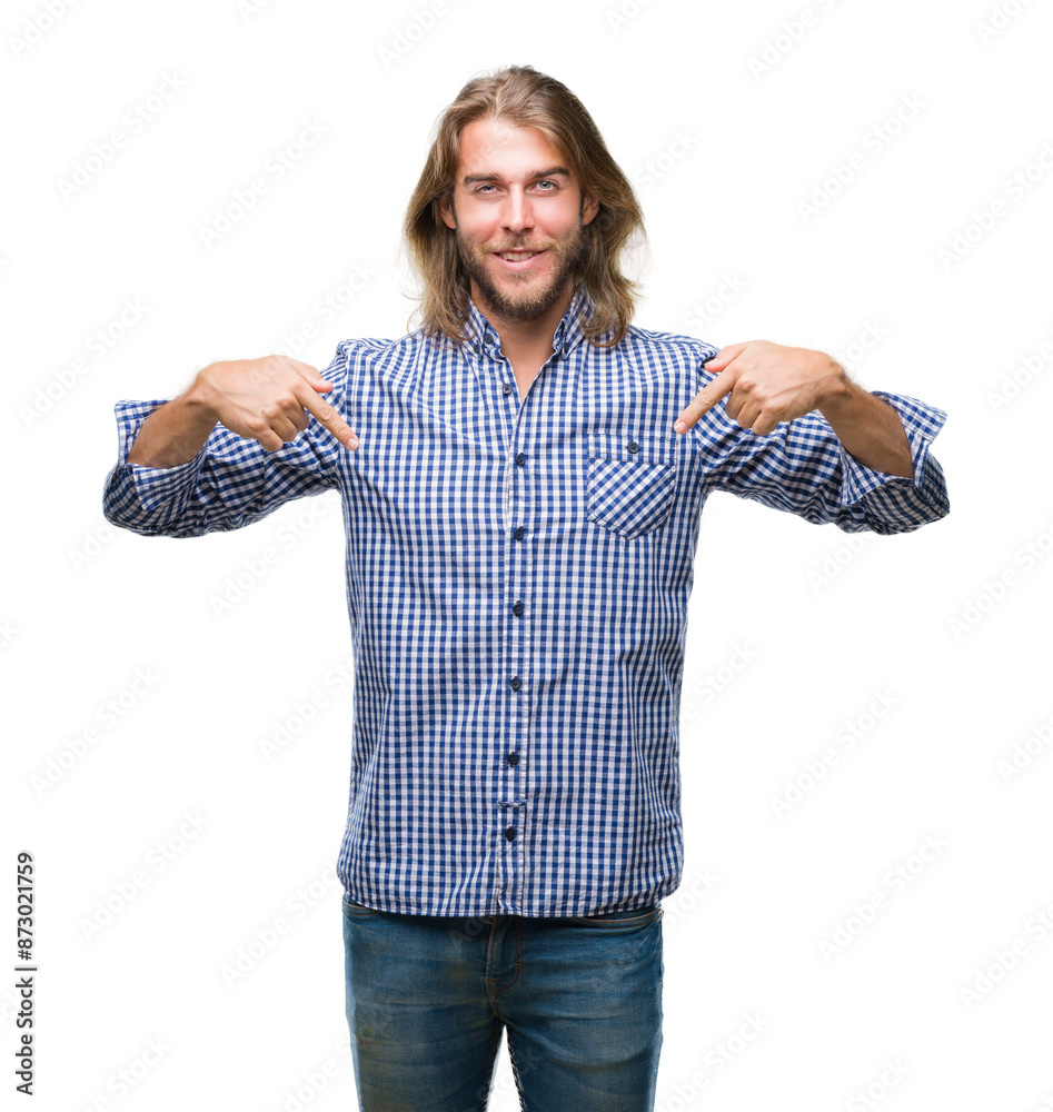 Young handsome man with long hair over isolated background looking confident with smile on face, pointing oneself with fingers proud and happy. Young handsome man with long hair over isolated background looking confident with smile on face, pointing oneself with fingers proud and happy.