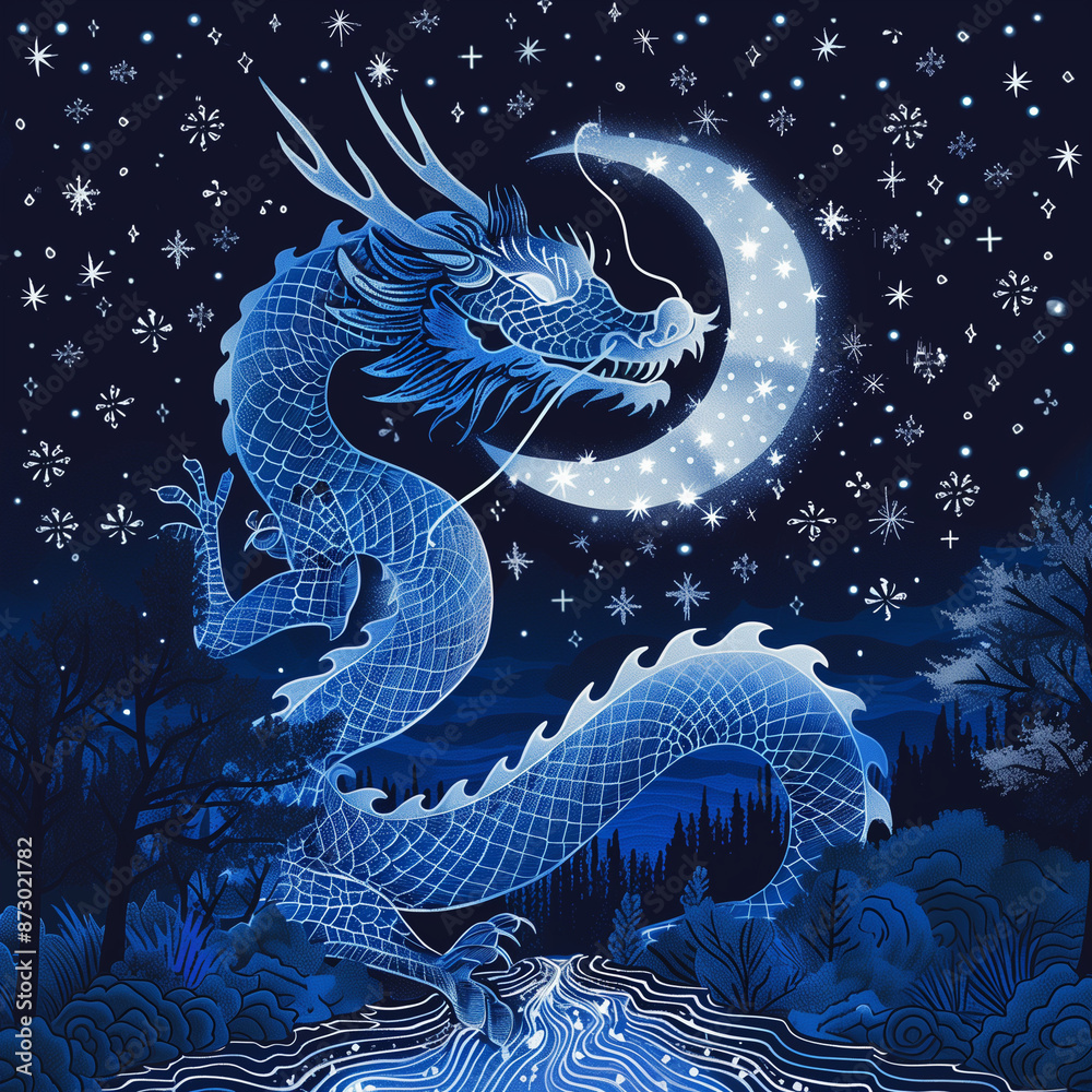 Illustration of dragon in the night with crescent Illustration of dragon in the night with crescent