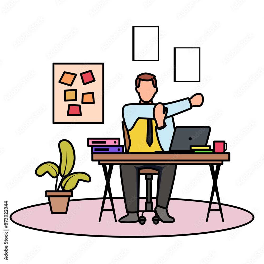 one arm desk stretch while office break concept, Stretching feels good vector color design, corporate wellbeing symbol, Sedentary lifestyle sign, self serving behaviors stock illustration one arm desk stretch while office break concept, Stretching feels good vector color design, corporate wellbeing symbol, Sedentary lifestyle sign, self serving behaviors stock illustration