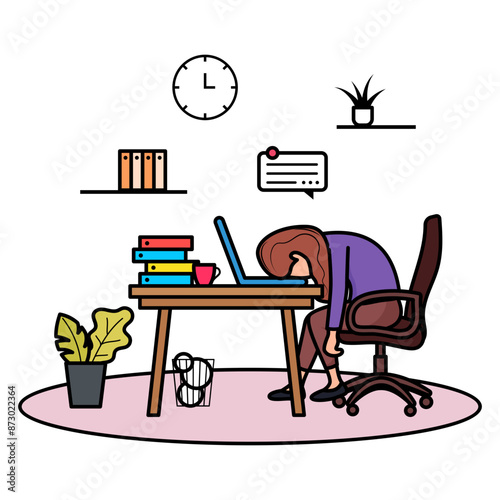 Exhausted Manager at Work Sitting at Table with Head Down concept, Depleted Leadership vector color design corporate wellbeing symbol Sedentary lifestyle sign self serving behaviors stock illustration