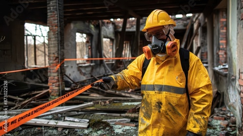 An inspector in a hard hat, yellow protective suit, and a gas mask stands amongst the wreckage of a heavily damaged building, evaluating the extent of the destruction.