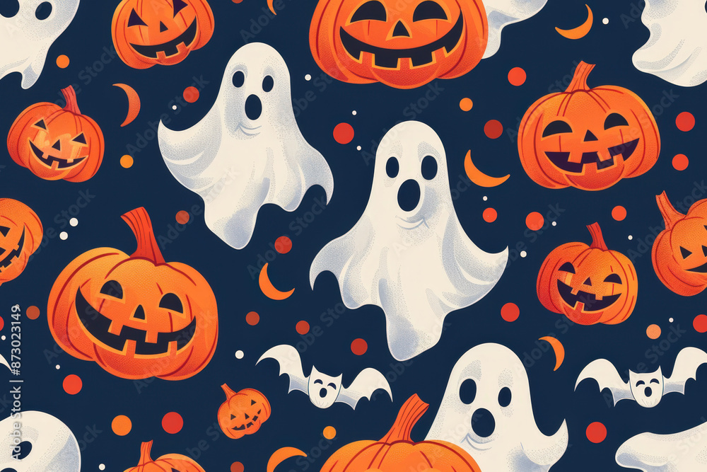 Halloween seamless pattern with cute ghosts and pumpkins floating on a dark blue background with orange and white dots and crescent moons