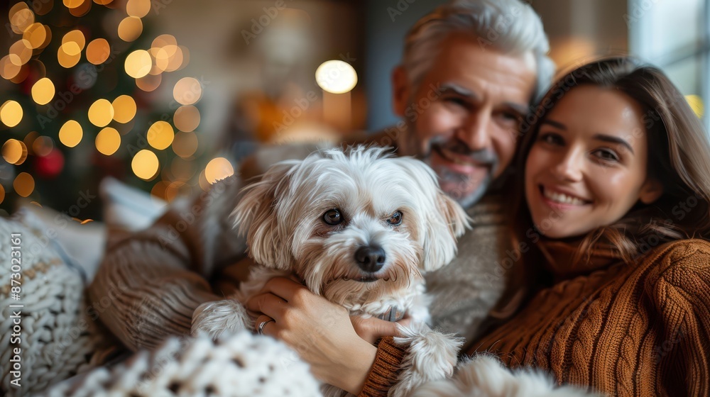 A content family, with a small dog in their lap, sits in a warmly lit room with festive decor in the background, embodying a sense of comfort, love, and holiday joy. A content family, with a small dog in their lap, sits in a warmly lit room with festive decor in the background, embodying a sense of comfort, love, and holiday joy.