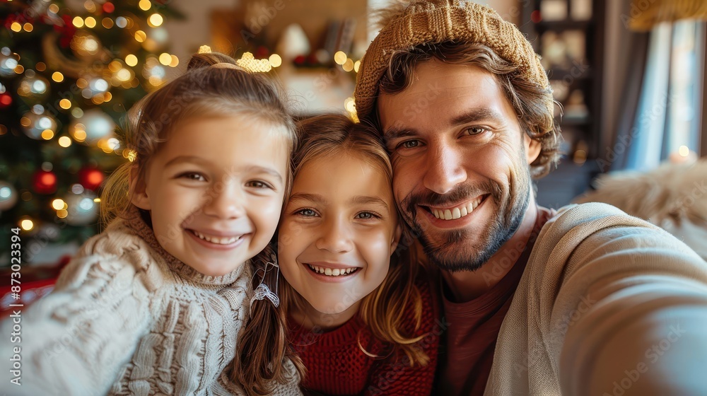 A loving father with his two joyous daughters posing in front of a brightly decorated Christmas tree at home, capturing the essence of holiday spirit, love, and family. A loving father with his two joyous daughters posing in front of a brightly decorated Christmas tree at home, capturing the essence of holiday spirit, love, and family.