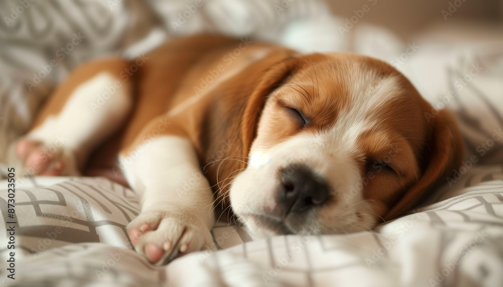 Adorable Beagle Puppy Sleeping Peacefully on Cozy Bed Adorable Beagle Puppy Sleeping Peacefully on Cozy Bed