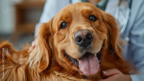 A vibrant golden retriever joyfully smiling directly at the camera with its tongue out, being gently held by someone. Suitable for various stock photo platforms.