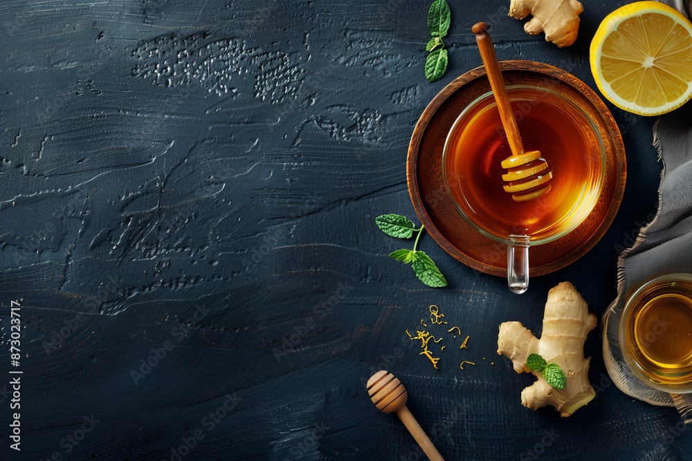 A mug of ginger tea with maple syrup and honey on a black wooden table. A superb view. A mug of ginger tea with maple syrup and honey on a black wooden table. A superb view.