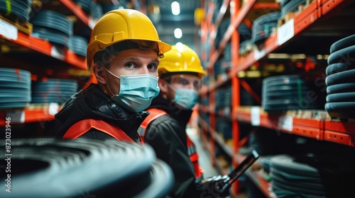 Two warehouse employees with safety gear examine inventory amidst stacks of industrial materials, emphasizing organization, safety, and efficiency in a logistics environment.