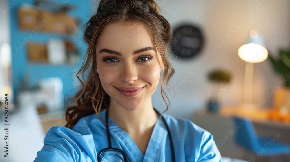 Fototapeta premium A joyful nurse dressed in blue medical uniform and a stethoscope smiles warmly, set in a professional healthcare environment, communicating compassion and dedication.