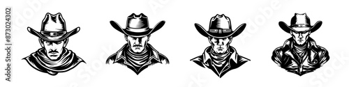 Set of four monochrome cowboy portraits, stern looks, detailed hats and bandanas.