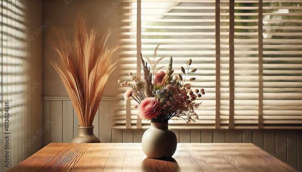 An image of a vase with a mix of various flowers placed on a wooden surface An image of a vase with a mix of various flowers placed on a wooden surface