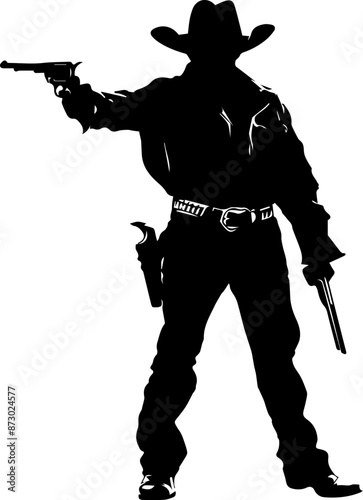 Silhouette of cowboy in stance with gun, western theme, vector illustration on white background
