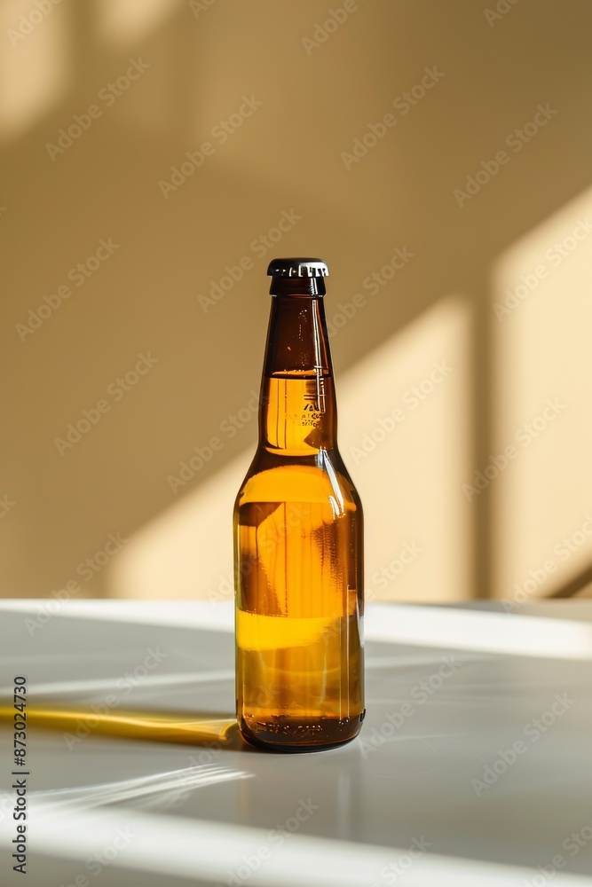 This is a cold beer bottle that has a foamy head that falls against a wall. This is a refreshing beverage. This is a cold beer bottle that has a foamy head that falls against a wall. This is a refreshing beverage.