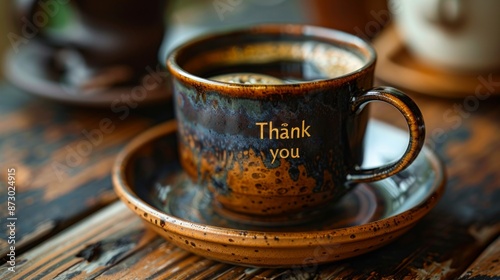 A Hand-Painted Coffee Cup With A Golden Thank You Message Rests On A Wooden Table. Generative AI