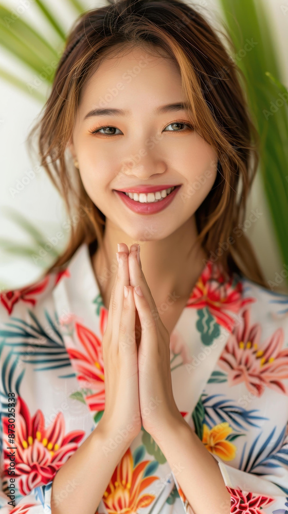 A young Chinese woman in vibrant Hanfu clothing bows devoutly, hands clasped looking up with a smile at the Buddha. A young Chinese woman in vibrant Hanfu clothing bows devoutly, hands clasped looking up with a smile at the Buddha.
