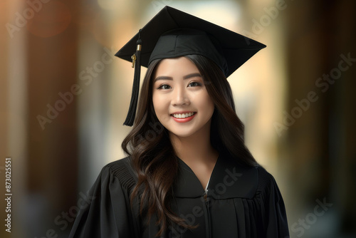 Joyful portrait of a middleaged Asian woman in graduation cap and gown, exuding beauty and confidence.