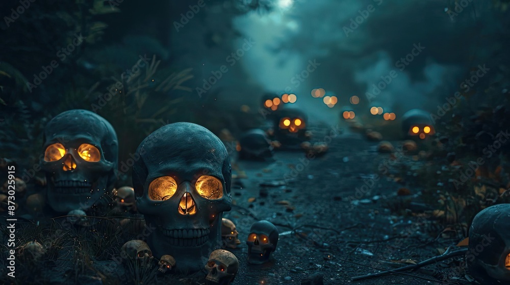 Eerie forest path with glowing skulls illuminating the way, creating a spooky and mysterious atmosphere in the dark woods.