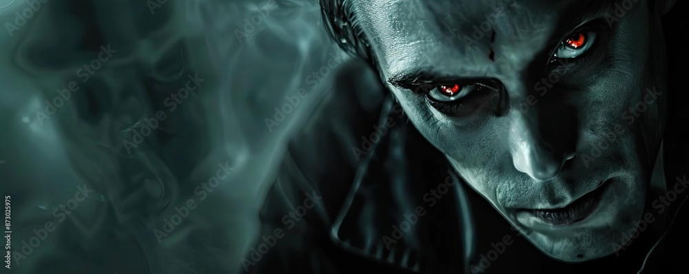 Dark sinister figure with glowing red eyes surrounded by mist, evoking a chilling and eerie atmosphere perfect for horror and thriller themes. Dark sinister figure with glowing red eyes surrounded by mist, evoking a chilling and eerie atmosphere perfect for horror and thriller themes.