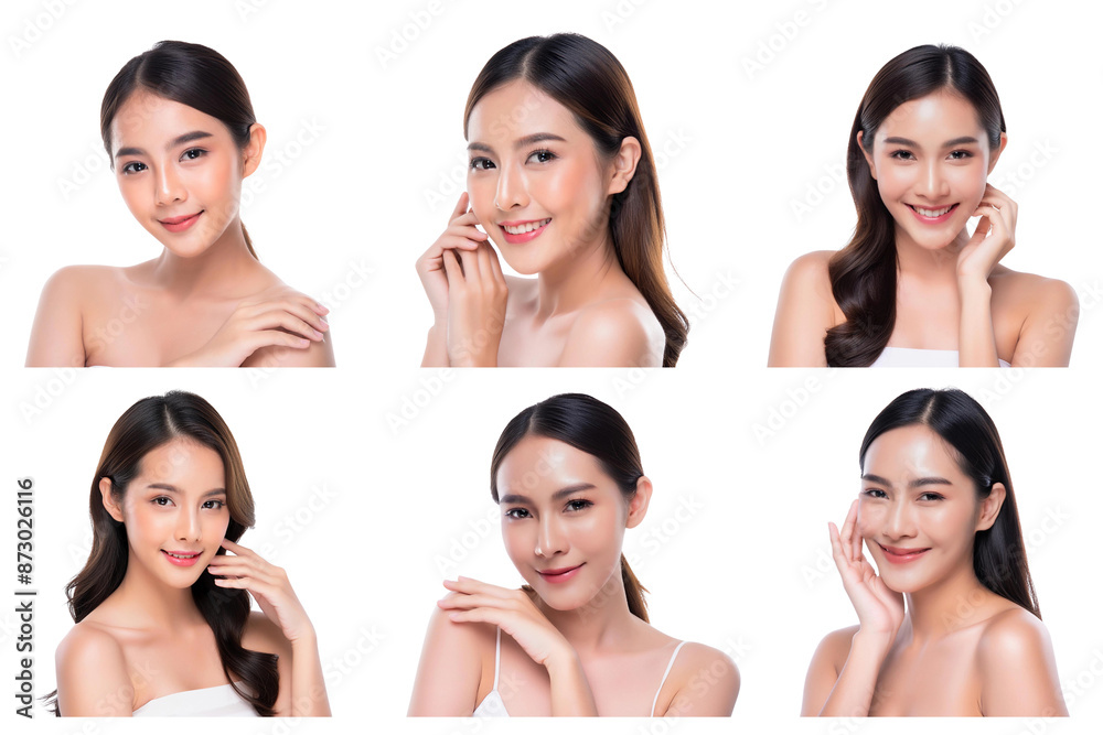 Collection of close-up portrait of young Asian beautiful woman with K-beauty make up style and healthy and perfect skin isolated on transparent background for skincare commercial product advertising. Collection of close-up portrait of young Asian beautiful woman with K-beauty make up style and healthy and perfect skin isolated on transparent background for skincare commercial product advertising.