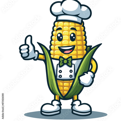 Cute corn cob cartoon mascot wearing chef costume