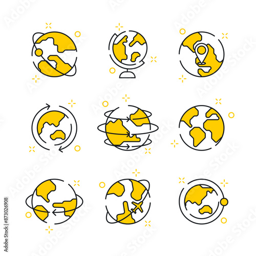 Earth globe icon set. earth hemispheres with continents. world map in globe shape isolated on white background