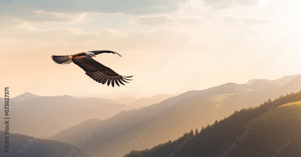 Fototapeta premium A majestic eagle soaring over a mountain range at sunset, with golden hour lighting emphasizing natural beauty.