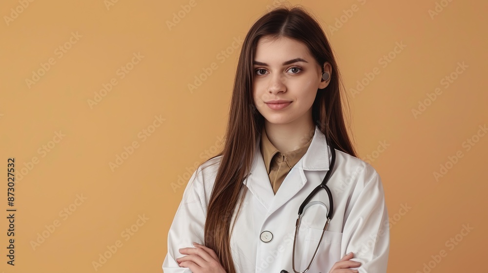 Confident Female Doctor with Long Hair and Stethoscope Against Beige Background with Copy Space Confident Female Doctor with Long Hair and Stethoscope Against Beige Background with Copy Space